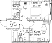 1-комн., 36.49 м², 58/60 этаж, ЖК «СЕЗАР БУДУЩЕЕ»