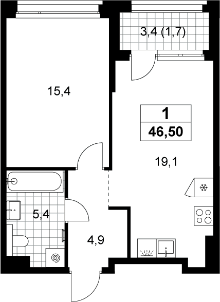 2-комн., 44.8 м², 6/8 этаж, ЖК «Хольм»