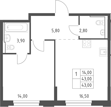 2-комн., 43 м², 20/20 этаж, ЖК «Химки Парк»
