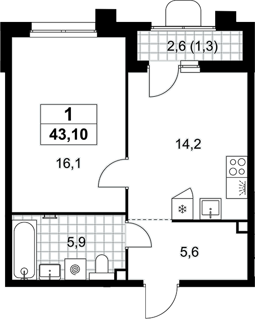 1-комн., 41.8 м², 2/7 этаж, ЖК «Прокшино»