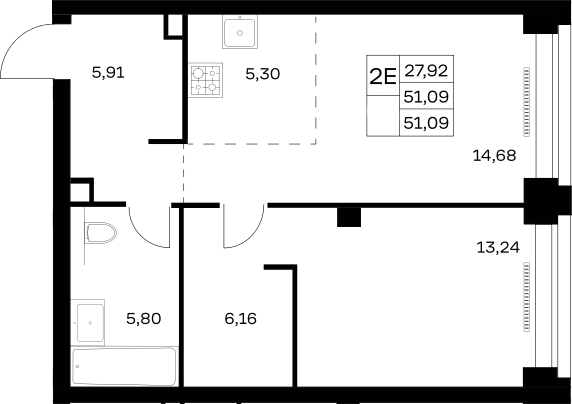 2-комн., 51.09 м², 26/32 этаж, ЖК «НОВА»
