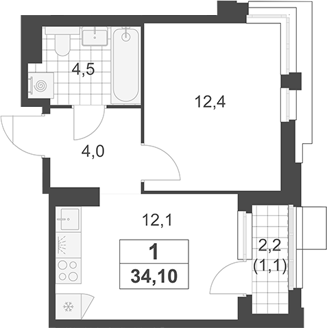 1-комн., 33 м², 14/19 этаж, ЖК «Южные сады»
