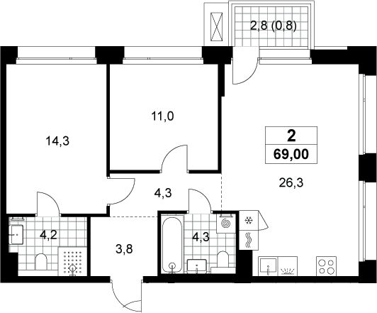 3-комн., 68.2 м², 5/8 этаж, ЖК «Хольм»