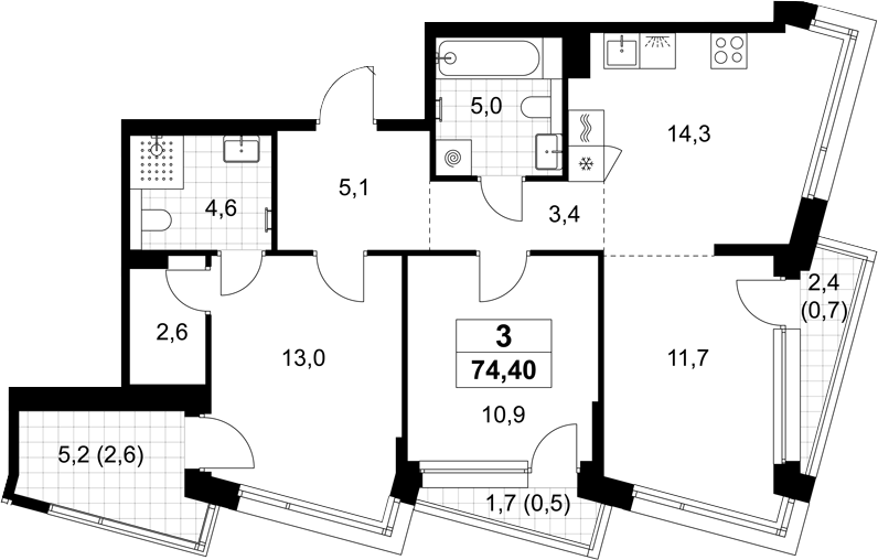 3-комн., 70.6 м², 3/6 этаж, ЖК «Хольм»