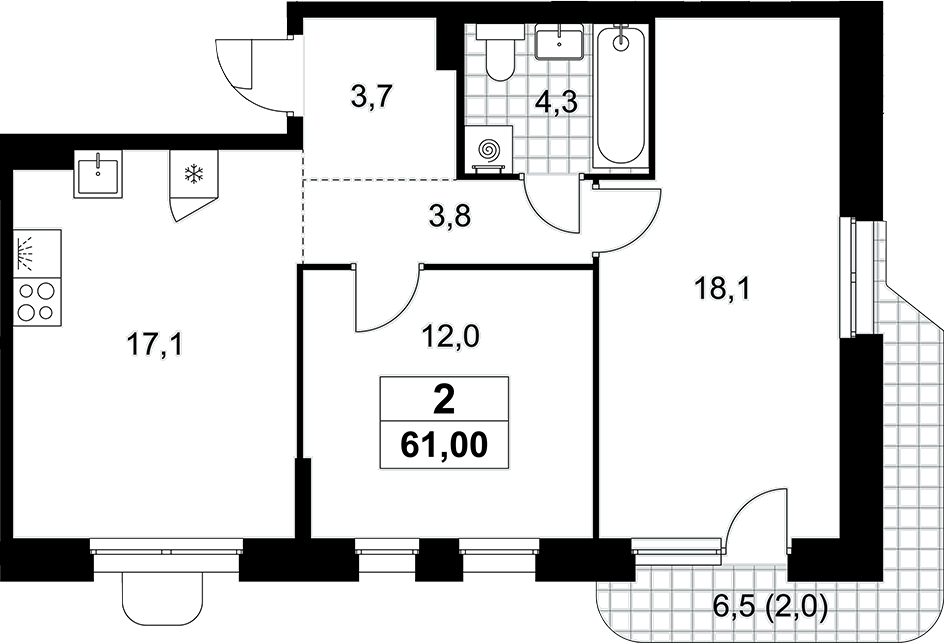 3-комн., 59 м², 9/10 этаж, ЖК «Прокшино»