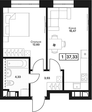 1-комн., 37.33 м², 4/17 этаж, ЖК «Пушкино Град»
