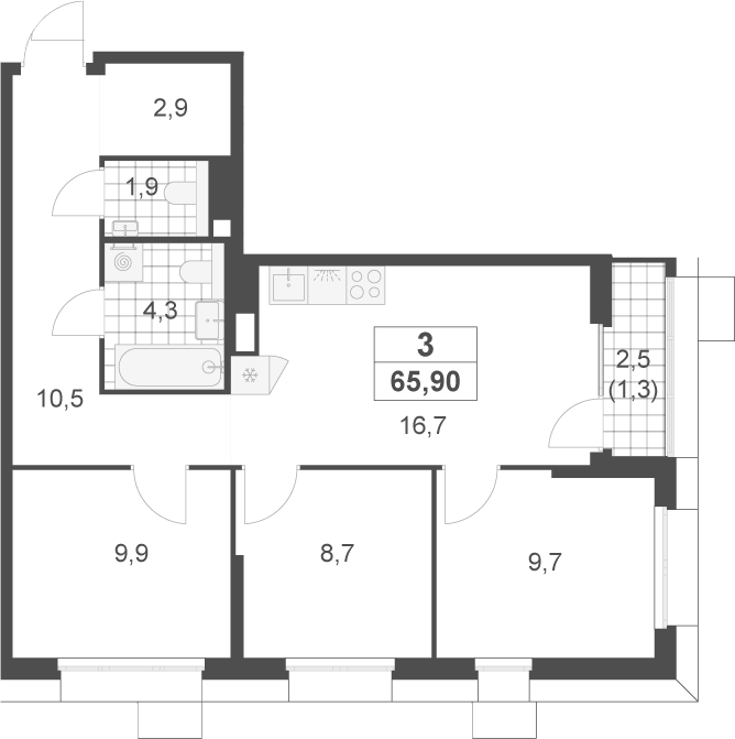 3-комн., 64.6 м², 10/22 этаж, ЖК «Скандинавия»