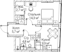 1-комн., 37.47 м², 40/60 этаж, ЖК «СЕЗАР БУДУЩЕЕ»