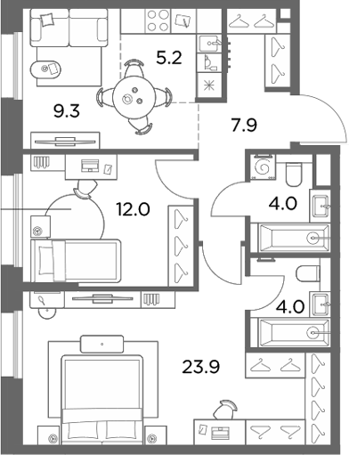 3-комн., 66.3 м², 6/6 этаж, ЖК «Станиславский»
