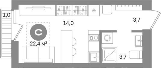 Студия, 21.4 м², 6/17 этаж, ЖК «Первый квартал. Вторая очередь»