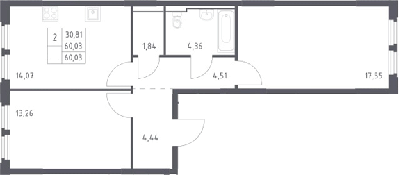 2-комн., 60.03 м², 7/17 этаж, ЖК «Космический Квартал»
