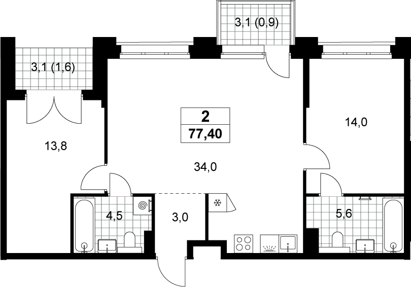 3-комн., 74.9 м², 5/13 этаж, ЖК «Хольм»