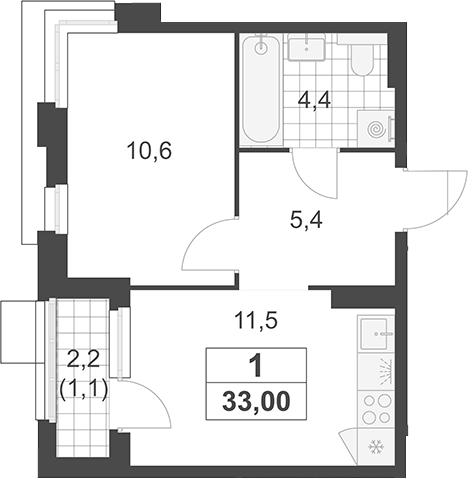 1-комн., 31.9 м², 15/19 этаж, ЖК «Южные сады»