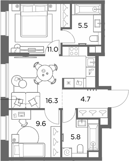 2-комн., 52.9 м², 5/6 этаж, ЖК «Станиславский»