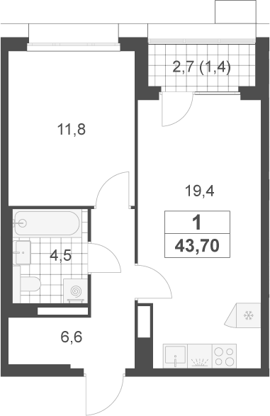 2-комн., 42.3 м², 6/17 этаж, ЖК «Скандинавия»