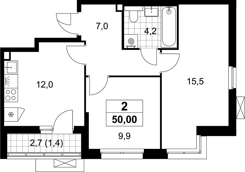 2-комн., 48.6 м², 3/12 этаж, ЖК «Деснаречье»