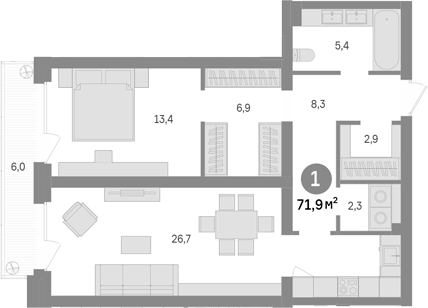 1-комн., 65.9 м², 12/43 этаж, ЖК «Квартал Издание»