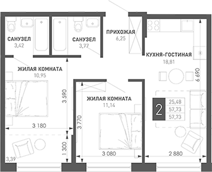 2-комн. квартира, 57.51 м² в ЖК Иначе в Молодежном — фото 2