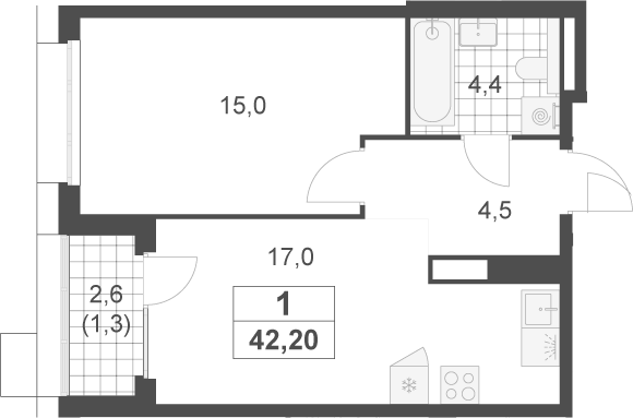 2-комн., 40.9 м², 11/17 этаж, ЖК «Скандинавия»