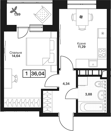 1-комн., 34.15 м², 6/17 этаж, ЖК «Пушкино Град»
