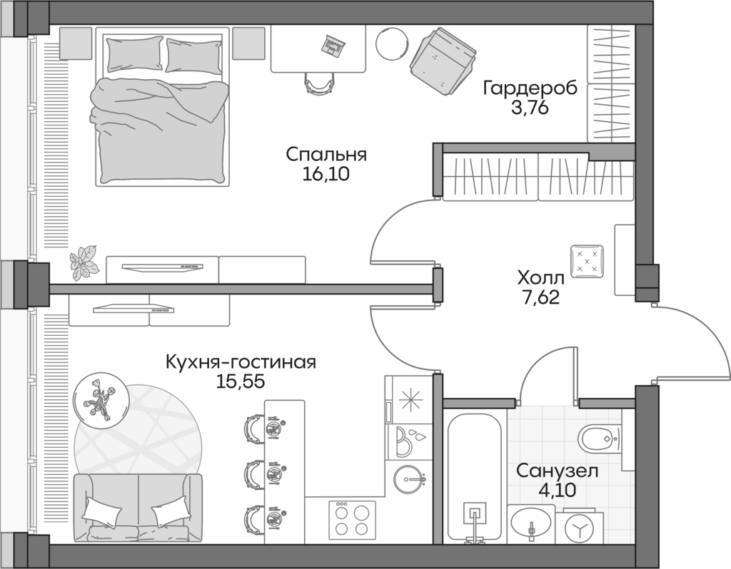 2-комн., 46.1 м², 5/16 этаж, ЖК «Инсайдер»