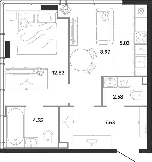 1-комн., 41.58 м², 16/26 этаж, ЖК «Ридж»
