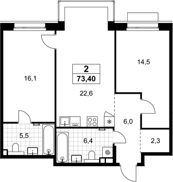 3-комн., 73.4 м², 2/8 этаж, ЖК «Хольм»