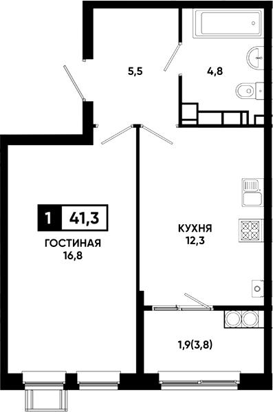 1-комн., 39.4 м², 16/23 этаж, ЖК «Резиденция Софи»