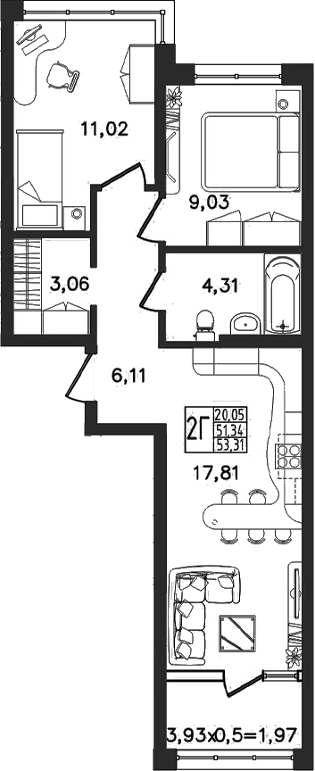 3-комн. квартира, 51.34 м² в ЖК Яблоневый — фото 2