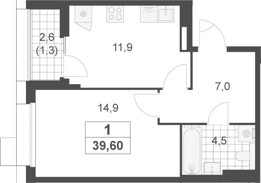 1-комн., 38.3 м², 3/17 этаж, ЖК «Скандинавия»
