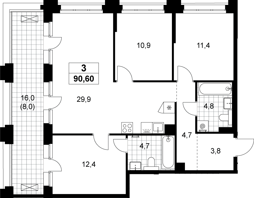 4+ комнаты, 82.6 м², 3/13 этаж, ЖК «Хольм»