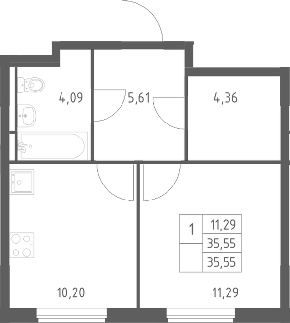 1-комн., 35.55 м², 7/9 этаж, ЖК «Мытищи Парк»