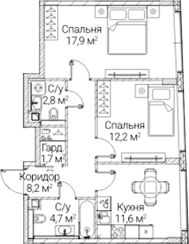 2-комн., 59.1 м², 32/41 этаж, ЖК «СЕЗАР БУДУЩЕЕ»