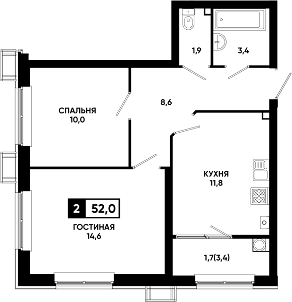 2-комн., 50.3 м², 1/23 этаж, ЖК «Резиденция Софи»