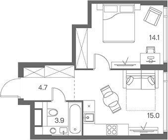 2-комн., 37.7 м², 13/43 этаж, ЖК «ЛОТ от Аквилон»