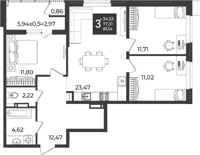 3-комн. квартира, 77.31 м² в ЖК Образцово — фото 2