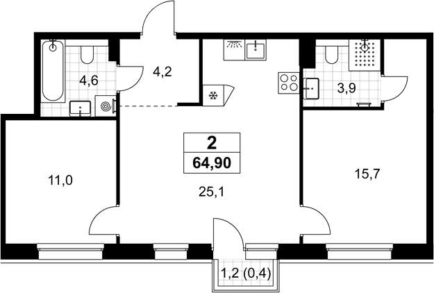 3-комн., 64.5 м², 6/8 этаж, ЖК «Хольм»