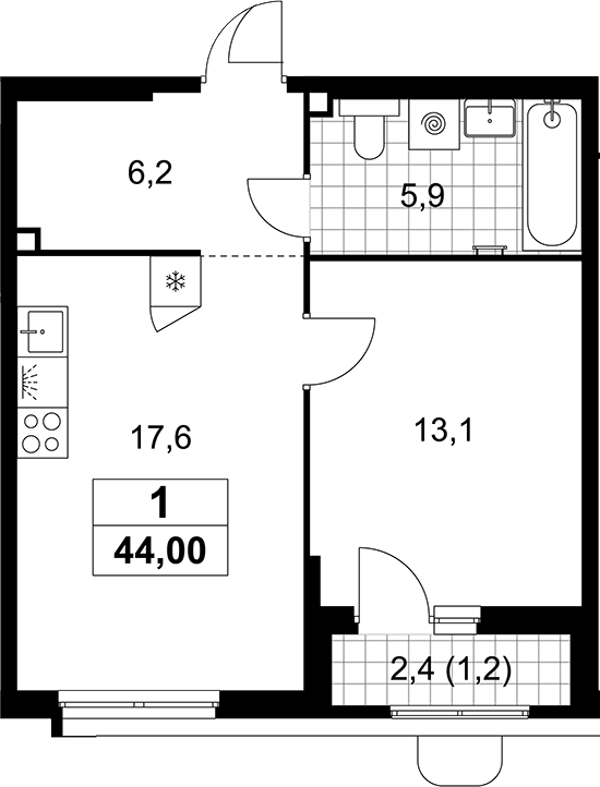 2-комн., 42.8 м², 2/10 этаж, ЖК «Прокшино»