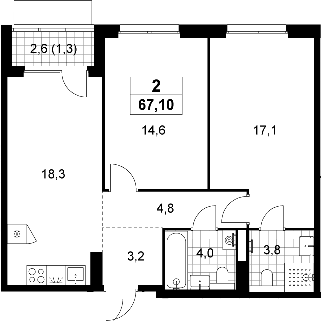 3-комн., 65.8 м², 14/19 этаж, ЖК «Деснаречье»