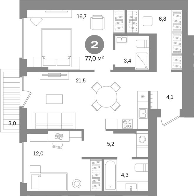 2-комн., 74 м², 8/17 этаж, ЖК «Первый квартал. Вторая очередь»