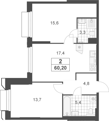3-комн., 60.2 м², 9/23 этаж, ЖК «Южные сады»