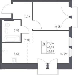 2-комн., 40.9 м², 7/17 этаж, ЖК «Космический Квартал»
