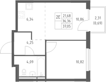 2-комн., 36.36 м², 5/17 этаж, ЖК «Мытищи Парк»