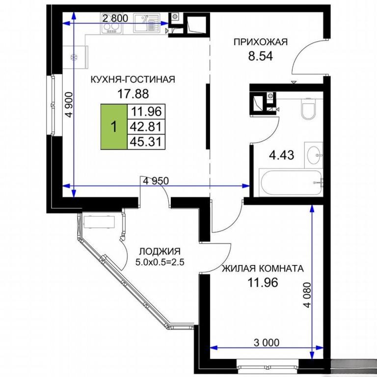 1-комн., 46 м², 12/16 этаж, Краснодар г