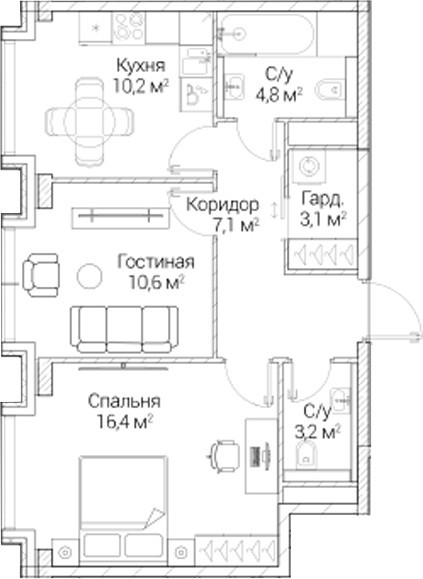 2-комн., 55.4 м², 6/6 этаж, ЖК «СЕЗАР БУДУЩЕЕ»