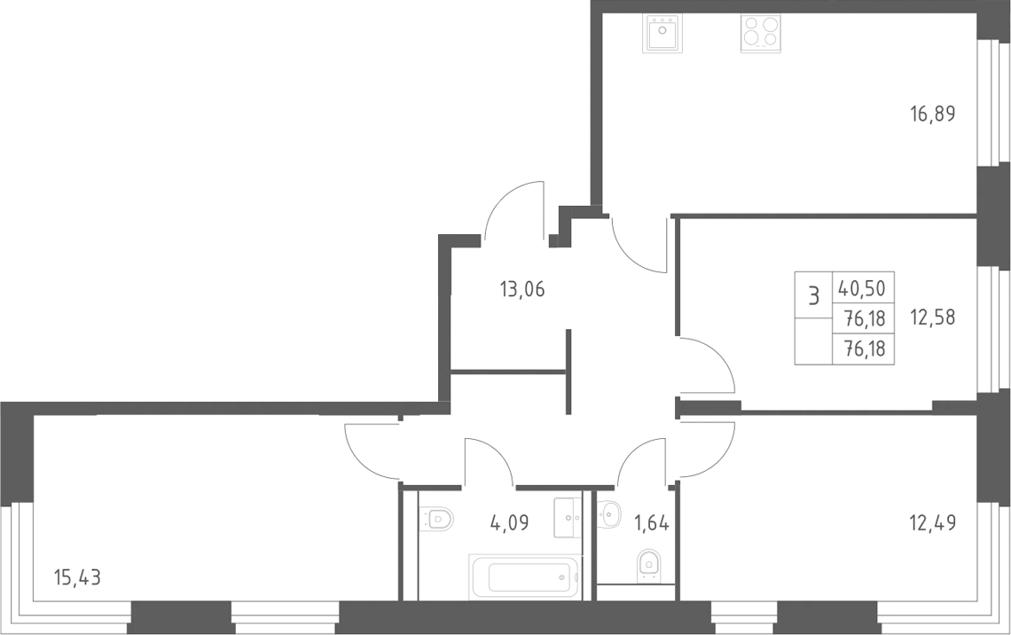 3-комн., 76.18 м², 7/24 этаж, ЖК «Квартал Строгино»