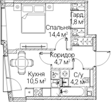 1-комн., 35.6 м², 31/41 этаж, ЖК «СЕЗАР БУДУЩЕЕ»