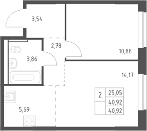 2-комн., 40.92 м², 14/17 этаж, ЖК «Егорово парк»