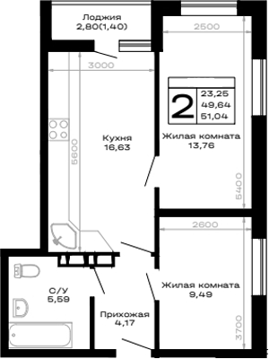 2-комн. квартира, 49.64 м² в ЖК Горные высоты — фото 2