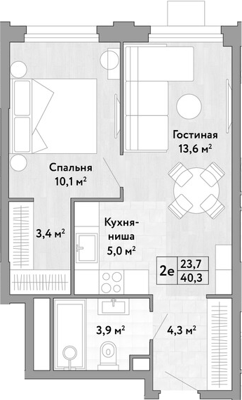2-комн., 40.3 м², 24/29 этаж, ЖК «Новые Смыслы»
